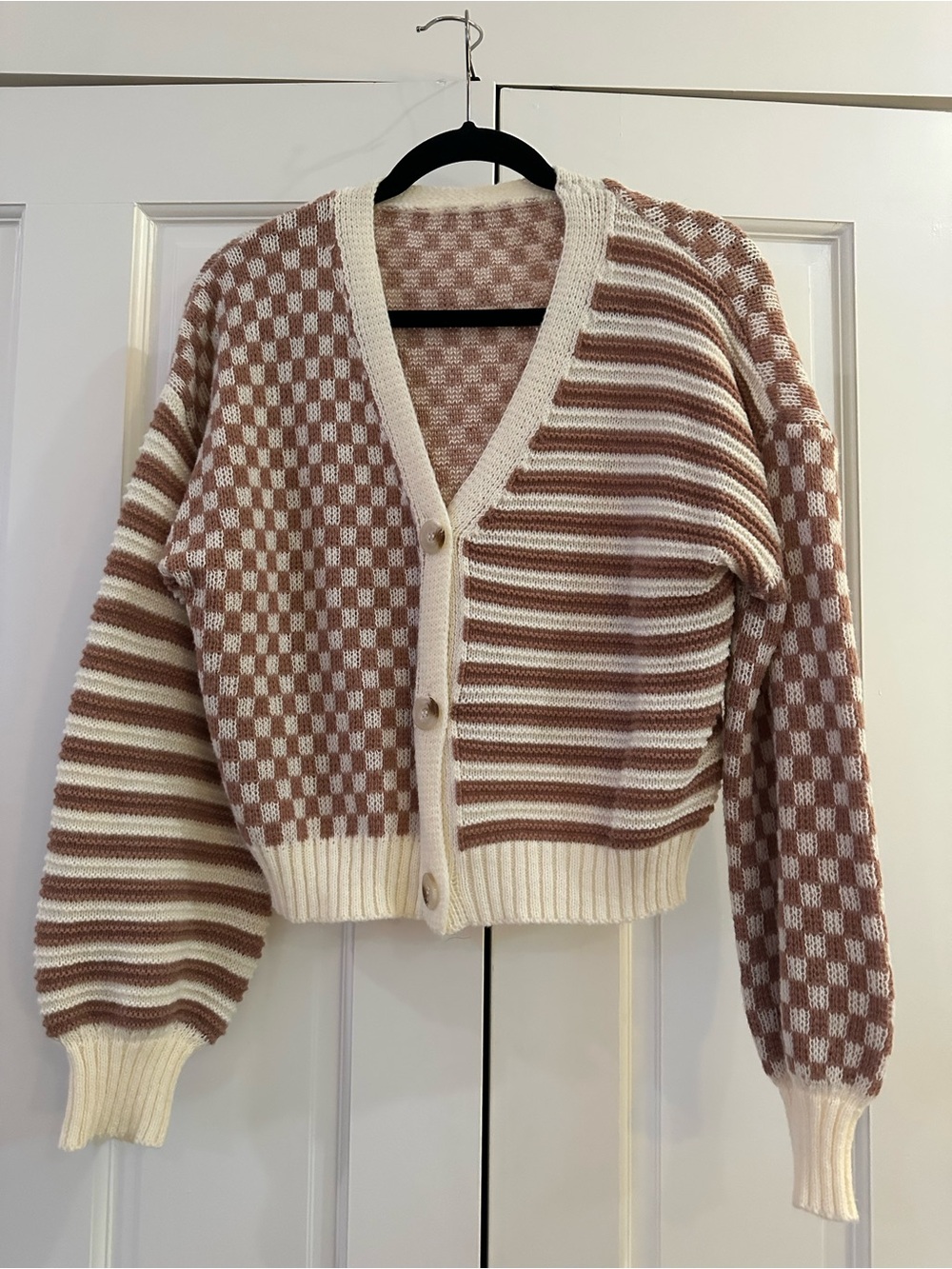 SHEIN Cream & Pink Checker-Stripe Knit Cardigan